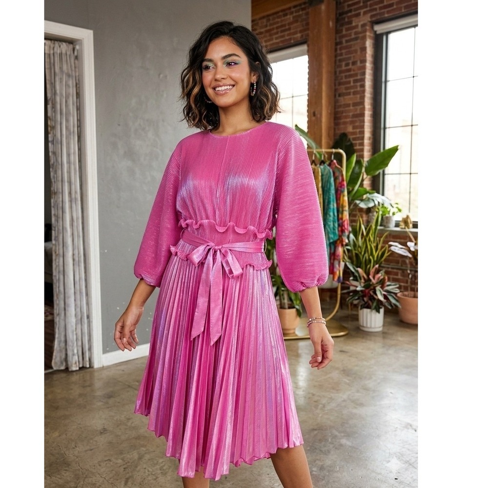 Oh So Modest Pleated Midi Dress Womens Pink Metallic Shimmer Ruffle